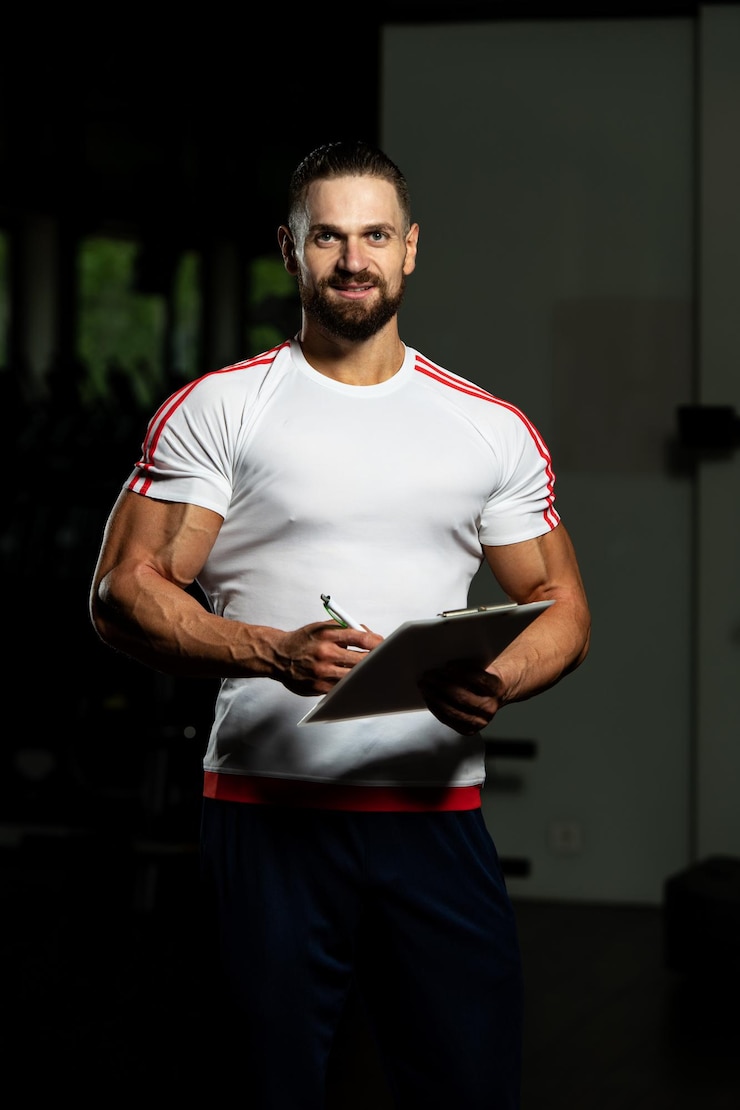 Photo personal trainer takes notes on clipboard in fitness center gym