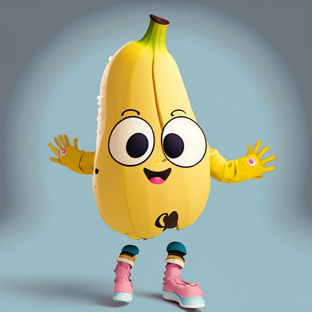 The personality of a cute funny banana has two thin legs wears a kochi raises its hand to the sk