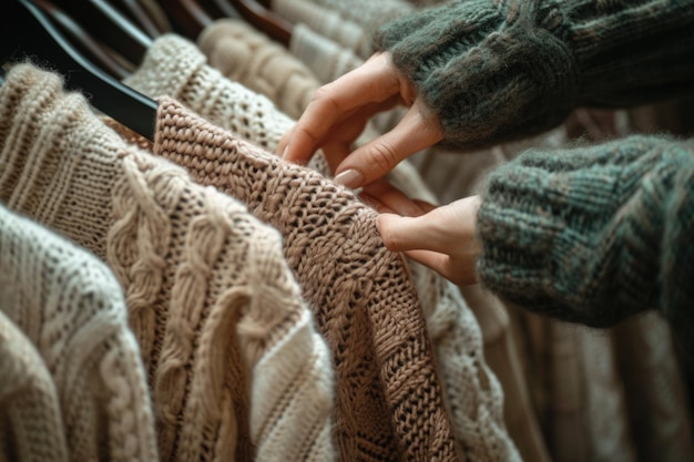 Personalized clothing search Fingers touch beige knitwear in a sea of options