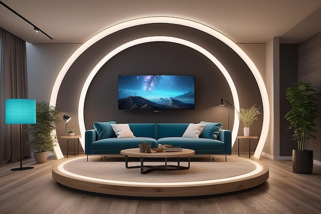 Personalized Living Space Circular Display Mockup with Smart Furniture and Ambient Lighting