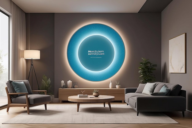 Personalized Living Space Circular Display Mockup with Smart Furniture and Ambient Lighting