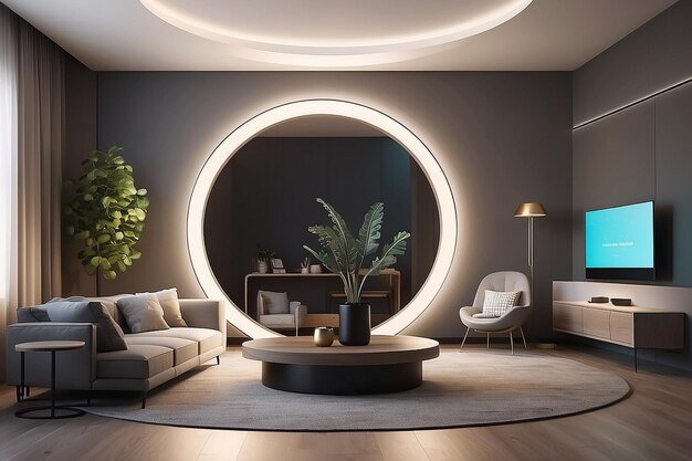 Personalized Living Space Circular Display Mockup with Smart Furniture and Ambient Lighting