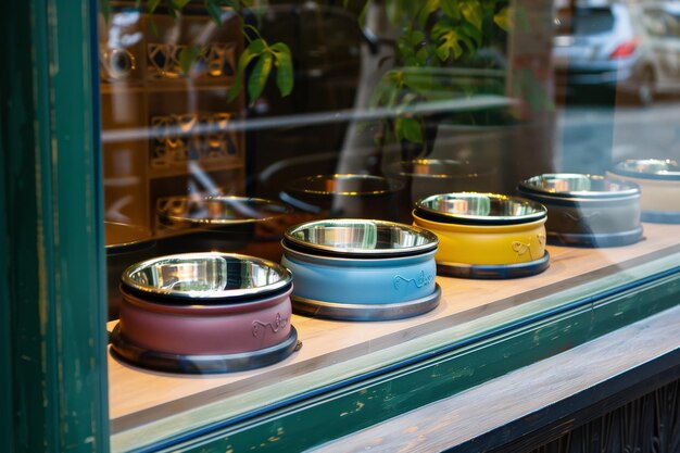 Photo personalized pet bowls showcased in a window