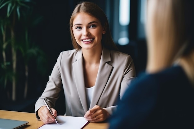 Personnel manager in job interview with young woman job interview friendly atmosphere