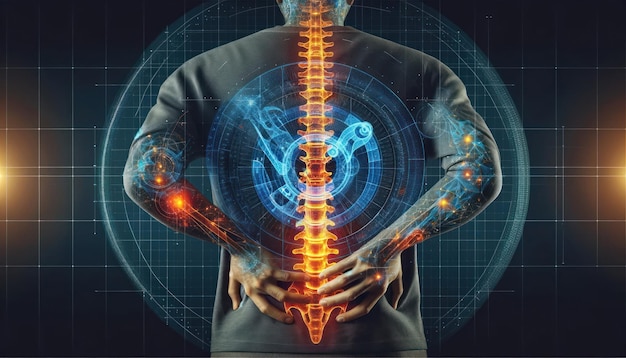 persons back with a visual representation of the spine glowing in orange to
