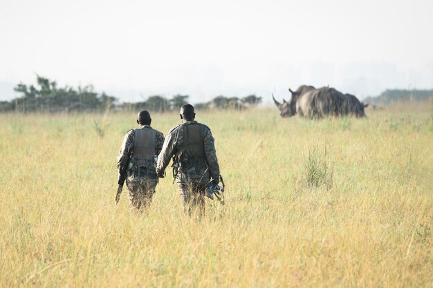 Photo persons in closed green khaki color clothes standing in a middle of field rhinos grazing on the background rhinoceros hunters are chasing prey beautiful nature