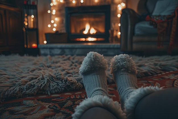 A persons feet in slippers in front of a fireplace