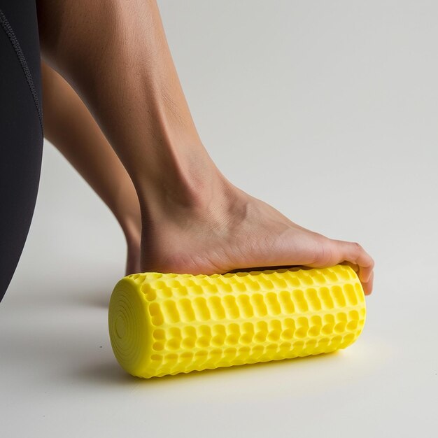 Photo a persons foot is on a yellow object that has a yellow stick on it