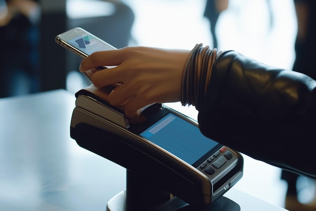 Photo persons hand adorned with a trendy bracelet taps a smartphone against a payment terminal