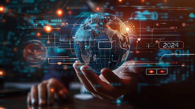 a persons hand holding a digital globe with data flowing around it symbolizing global connectivity and technological advancements