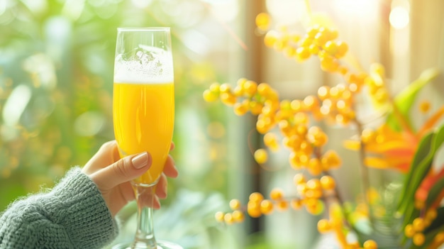 Photo persons hand holding glass of orange juice with sunlight and flowers in background