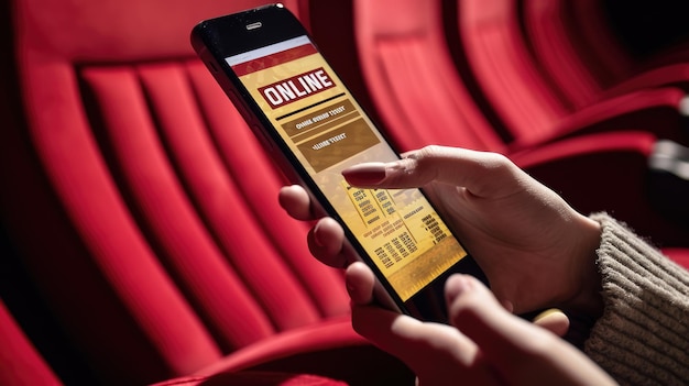 Photo persons hand holding a smartphone with a digital online ticket on the screen with a blurred background featuring red theater or cinema seats