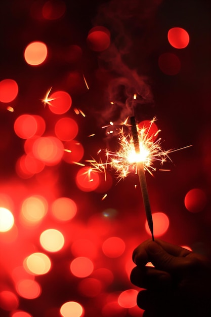 A persons hand holds a handheld firework against red bokeh background with space for text