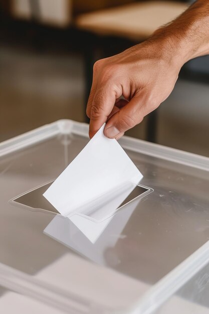 A persons hand is dropping a voting paper into a clear ballot box captured from a side angle