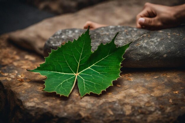 Photo a persons hand is holding a leaf that is laying on a rock