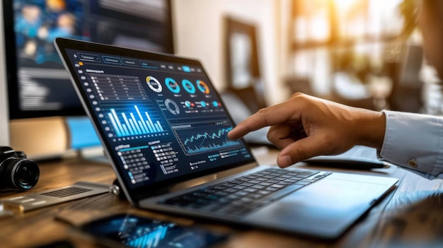 persons hand is holding a stylus over a laptop screen displaying various colorful data analytics and graphs