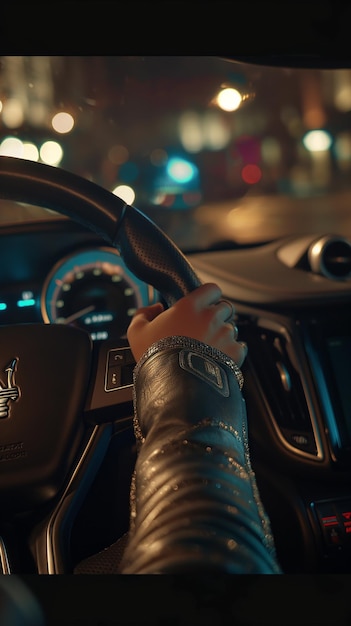 a persons hand is on a steering wheel of a car