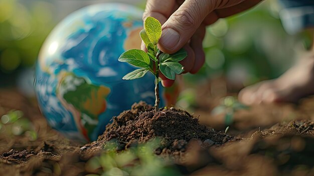 Photo persons hand planting a tree sapling in front of a globe