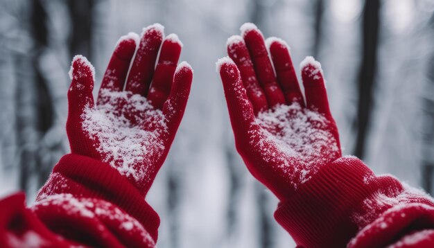 A persons hands covered in snow