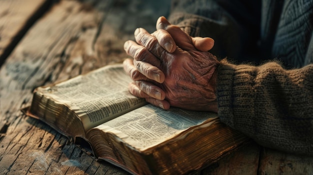 Persons hands folded in prayer over an open wellworn bible resting on a wooden table