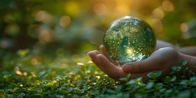 Persons hands holding digital globe network with nature background Concept Nature Globe Environment Technology Connection