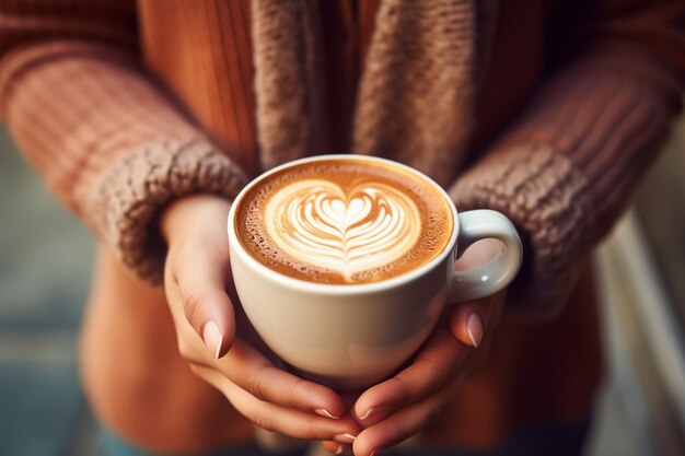 Persons hands holding a latte cup with a warm scarf wrapped around them