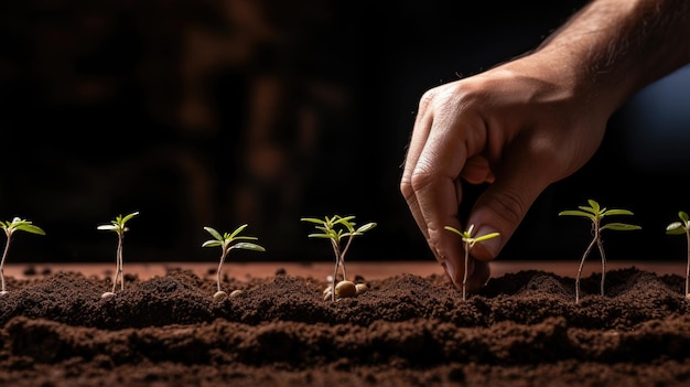 若い苗を土に植える人の手