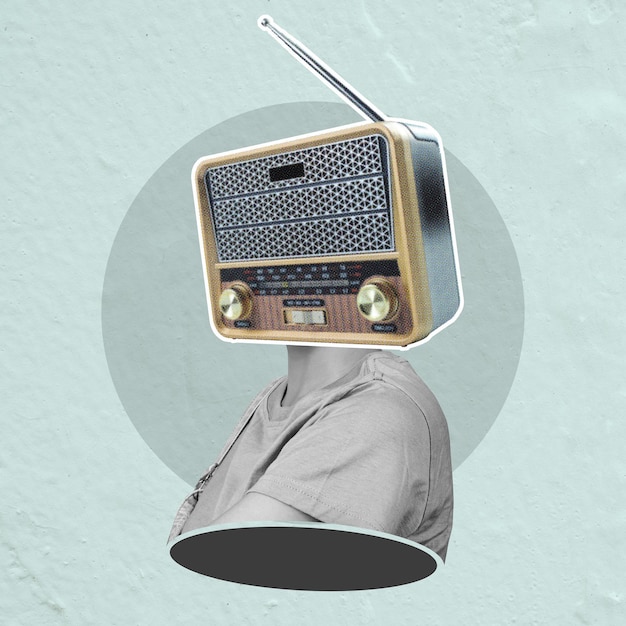 A persons head is on a radio