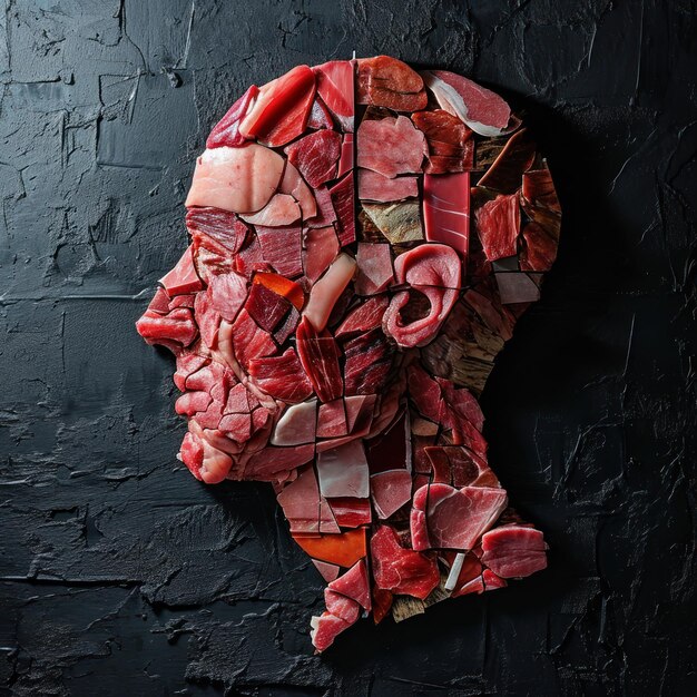 A persons head made of meat