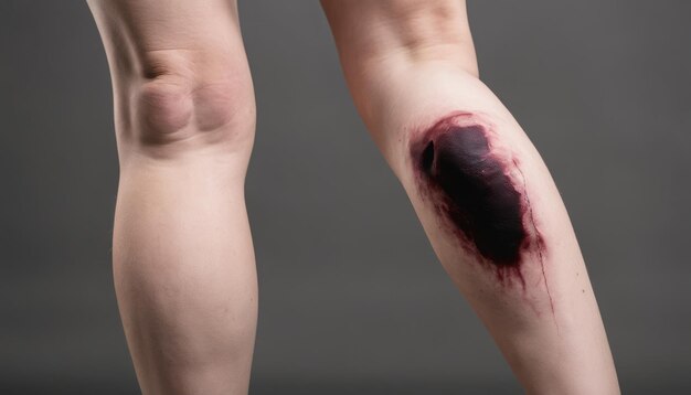 A persons leg with a black bruise on it