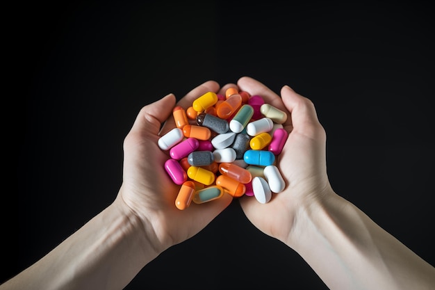 Persons palms filled with an assortment of colorful pills Generative AI