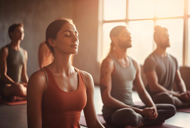 Persons practice yoga with friends in gym