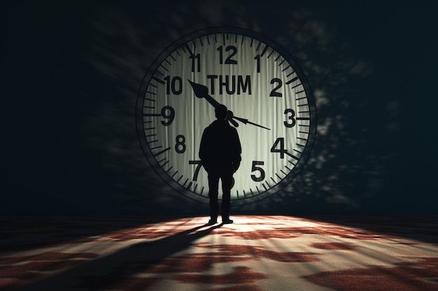 A persons shadow against a clock background with Generative ai