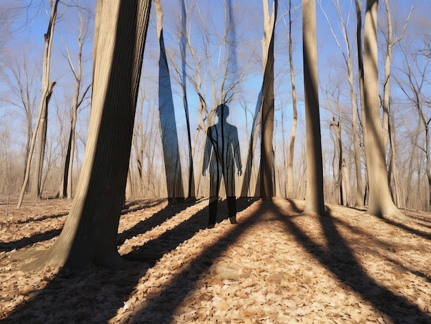 a persons shadow against a tree in a wooded area in the style of indigo and brown