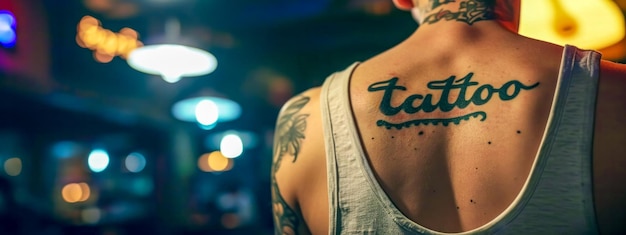 Persons shoulder with a tattoo that reads tattoo in cursive script set against a backdrop of blurred