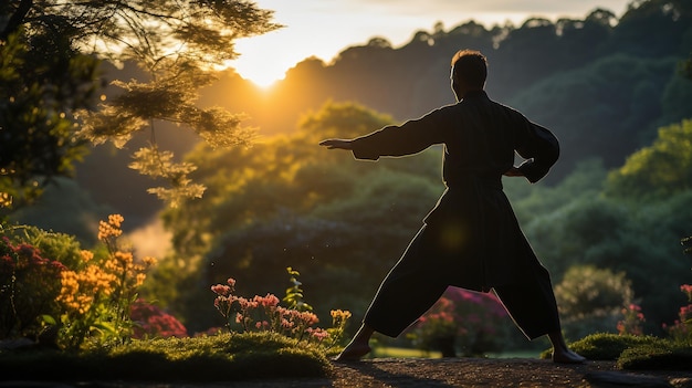 A persons silhouette practicing tai chi in a peace AI generate illustration