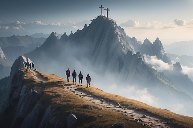 Photo persons walking to the safety of the cross on a mountain