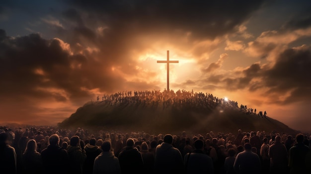 Persons walking to the safety of the Cross on a mountain