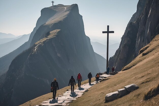 Foto persone che camminano verso la sicurezza della croce su una montagna