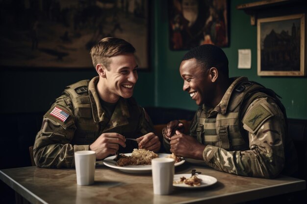 Foto persoon blanke praat zit aan tafel mannen vriend eten samen gelukkige groep