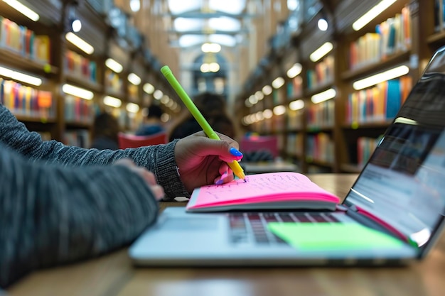 Persoon die aan het bureau werkt met laptop en pen