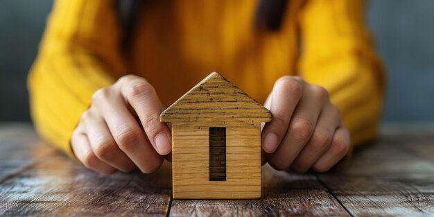 Persoon die aan tafel zit en een houten huis vasthoudt