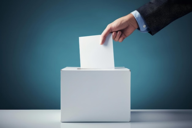 Persoon die bij de verkiezingen stemt en de stembiljetten in een doos op blauwe achtergrond plaatst