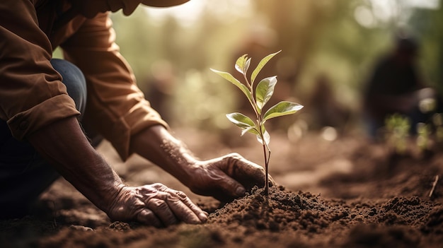 Persoon die bomen plant in een gemeenschappelijke tuin Generatieve AI