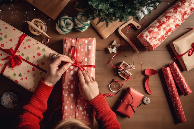 Persoon die cadeautjes inpakt met feestelijk papier en lint gemaakt met generatieve AI