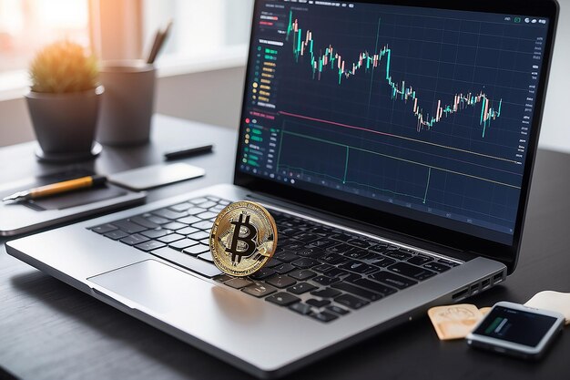 Persoon die de koers van de crypto-valuta bitcoin op een laptop controleert