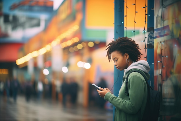 Persoon die de telefoon gebruikt naast het bijhouden van advertenties