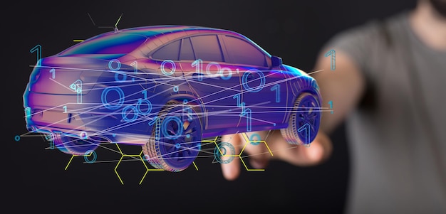 Persoon die de virtuele projectie van een elektrische auto presenteert