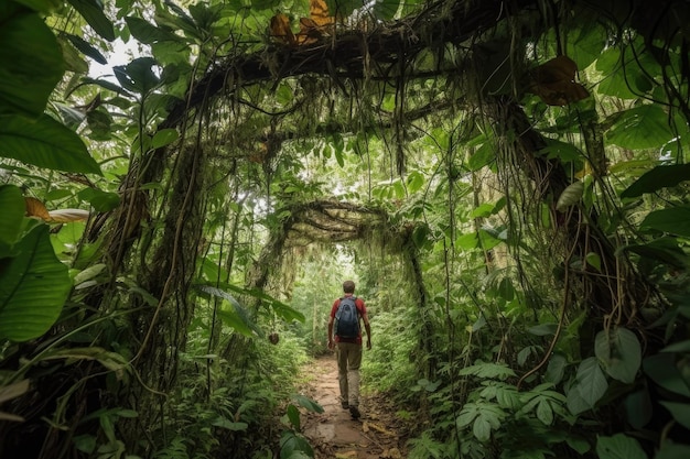 Persoon die door de jungle loopt met wijnstokken en planten die boven het hoofd hangen, gemaakt met generatieve AI