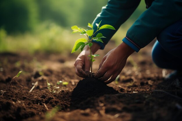 Persoon die een boom plant met een boodschap over de Dag van de Aarde en het belang van herbebossing